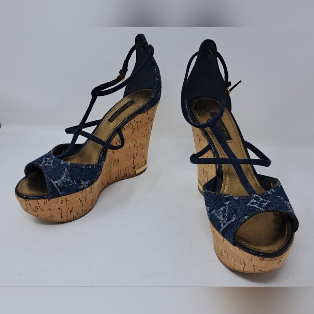 Louis Vuitton Monogram Denim Wedge Platform Ankle Wrap Pumps Shoes 7.5 / 37.5 EU - Picture 11 of 16